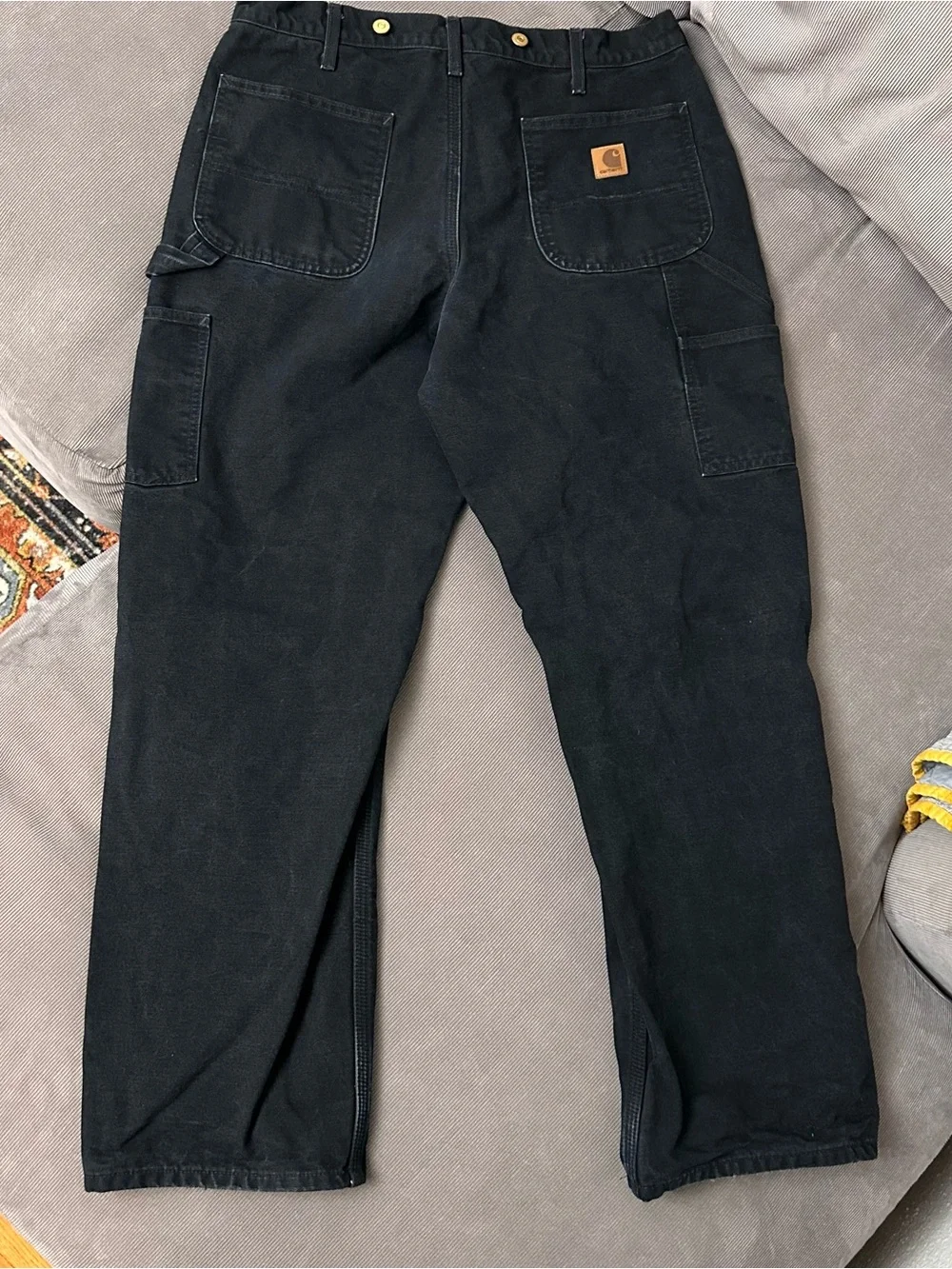 Carhartt B111 BLK Flannel Lined Losse Fit Carpenter Pants Men's 35x32 Distressed